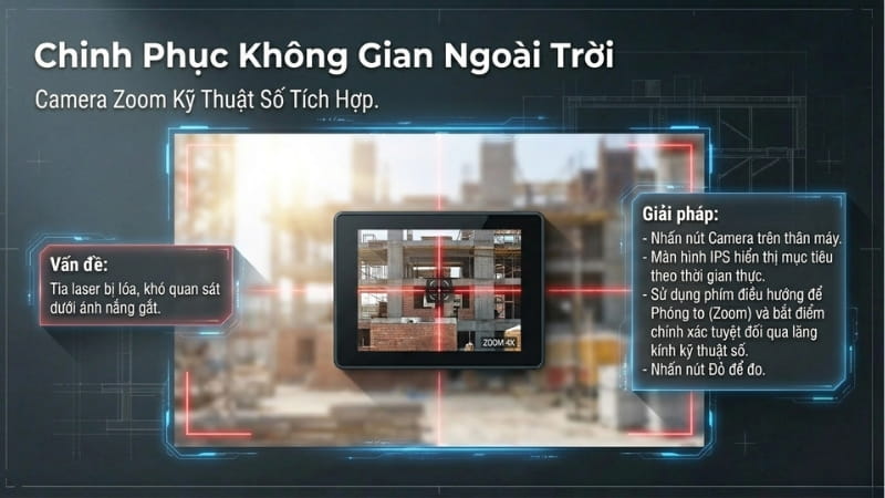 Cách kích hoạt camera của Bosch GLM 100-25 C khi đo ngoài trời 