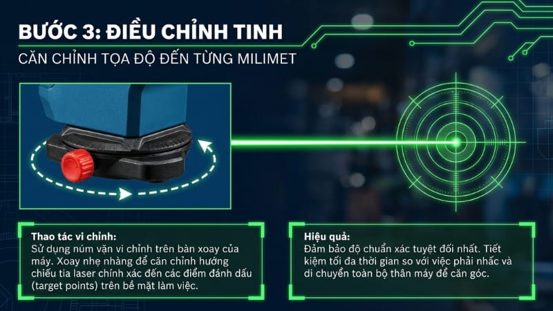Sử dụng núm vặn để điều chỉnh tinh vị trí tia phù hợp 
