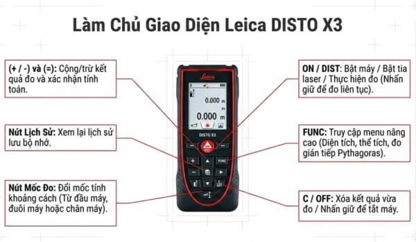 Ý nghĩa các nút chức năng trên máy đo laser Leica Disto X3