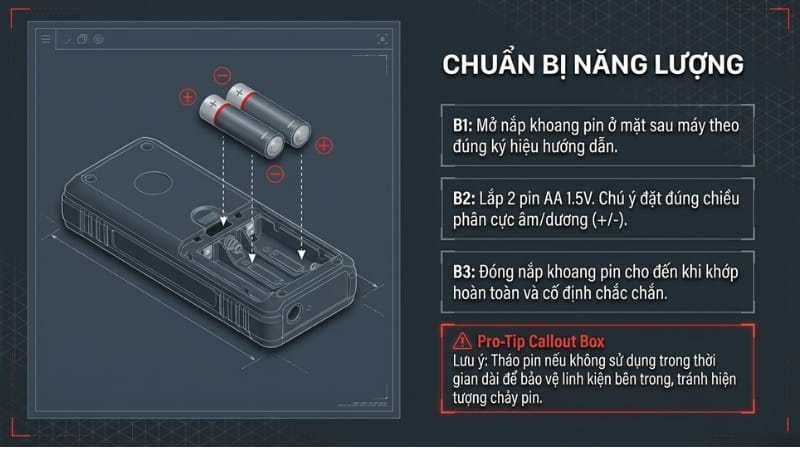 Lắp pin cung cấp năng lượng cho máy đo khoảng cách Leica Disto X4 