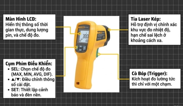 Cấu tạo các bộ phận chính của súng đo nhiệt độ Fluke 62 MAX